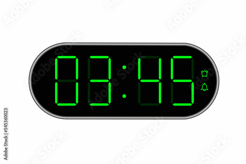 Vector flat illustration of a digital clock displaying 03.45 . Illustration of alarm with digital number design. Clock icon for hour, watch, alarm signs.