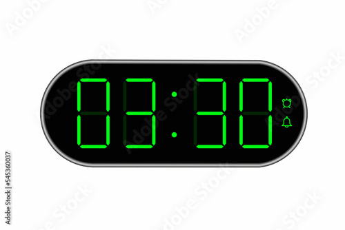 Vector flat illustration of a digital clock displaying 03.00 . Illustration of alarm with digital number design. Clock icon for hour, watch, alarm signs.