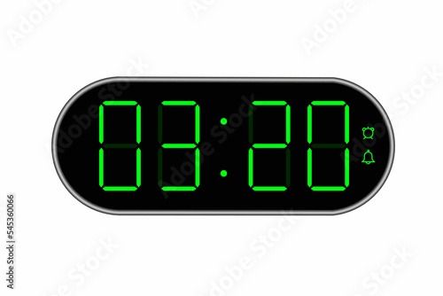 Vector flat illustration of a digital clock displaying 03.20 . Illustration of alarm with digital number design. Clock icon for hour, watch, alarm signs.