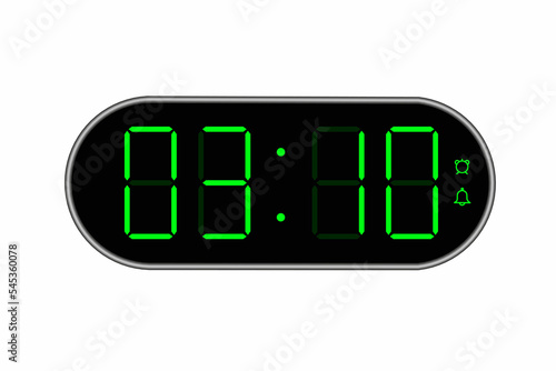 Vector flat illustration of a digital clock displaying 03.10 . Illustration of alarm with digital number design. Clock icon for hour, watch, alarm signs.