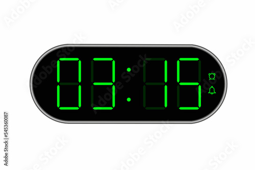 Vector flat illustration of a digital clock displaying 03.15 . Illustration of alarm with digital number design. Clock icon for hour, watch, alarm signs.