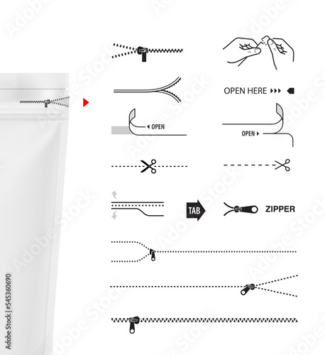 A set of icons for zippers and scissors. Set for packs, shows the place of opening. EPS10.	