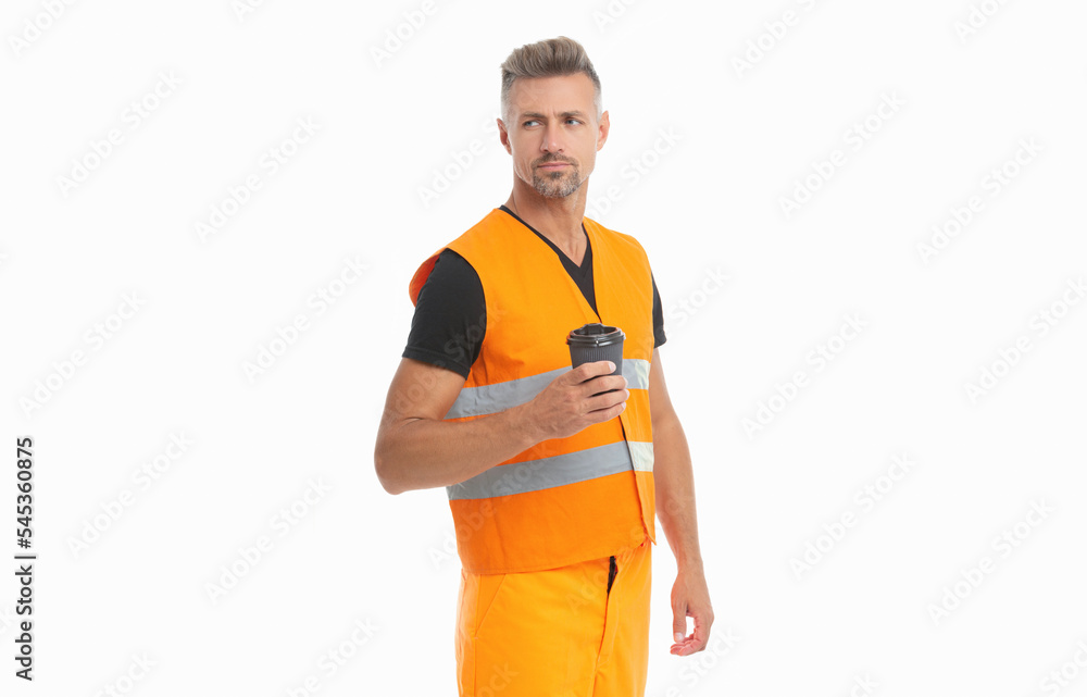 worker man wear working reflective vest. studio shot of man worker. mature man worker worker man wear working reflective vest. studio shot of man worker. mature man worker
