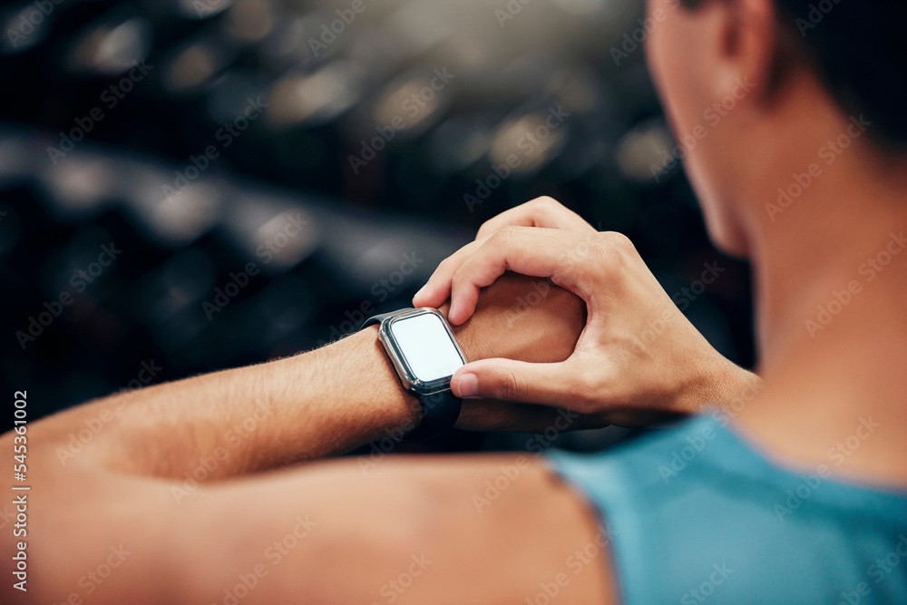 Man, smartwatch and closeup of app for health, wellness and fitness while  running, exercise or workout.