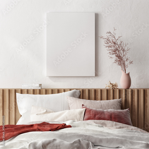 Bedroom interior space with mock up poster on background wall, 3d render, 3d illustration.