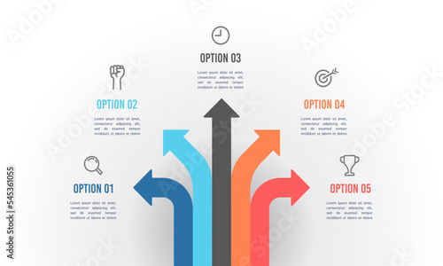 Infographic colorful arrow crossroads 5 options.