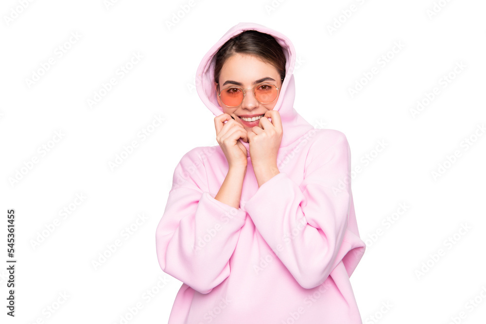 Happy fashion woman in stylish glasses wearing casual pink hoodie hooded sweatshirt Happy fashion woman in stylish glasses wearing casual pink hoodie hooded sweatshirt