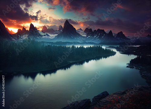 Gorgeous view of green mountain with dramatic sky background. 3D illustration