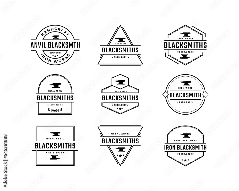 Vintage Retro Badge Emblem Blacksmith Metal Work, Handcraft, Forge Art, Anvil, Iron Works Logo Design Linear Style