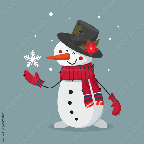 christmas character cute snowman in scarf mittens and top hat catching snowflakes