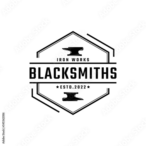 Vintage Retro Badge Emblem Blacksmith Metal Work, Handcraft, Forge Art, Anvil, Iron Works Logo Design Linear Style
