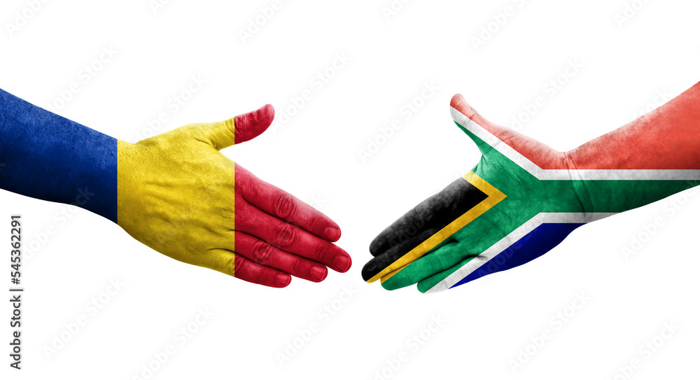 Handshake between South Africa and Romania flags painted on hands, isolated transparent image. Handshake between South Africa and Romania flags painted on hands, isolated transparent image.