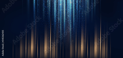 Luxury light blue and gold stripe vertical lines light on dark blue background with gold lighting effect sparkle.