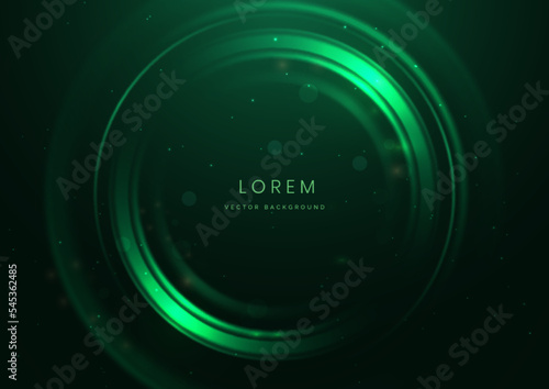 Abstract technology futuristic neon circle glowing green light lines with speed motion blur effect on dark green background.
