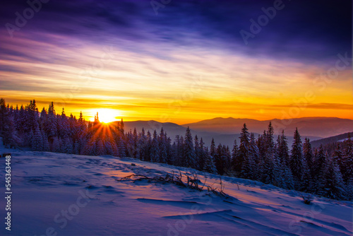 winter mountains scenery, awesome sunset landscape, Carpathian mountains, Ukraine, Europe 