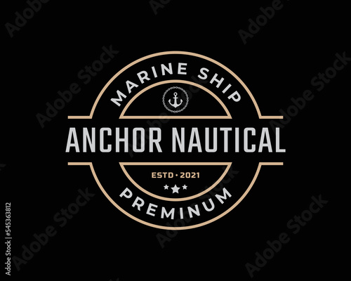 Vintage Retro Badge Emblem Anchor Ship Boat Logo Design Linear Style on Black Background