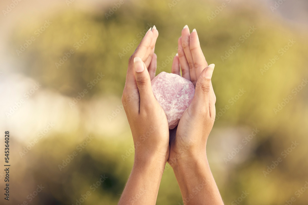 Woman, hands and rose quartz in nature for meditation or occult practice. Crystal, yoga stone or rock for relax, mindfulness and zen healing, spiritual growth and female spirit, chakra or awakening. - obrazy, fototapety, plakaty 