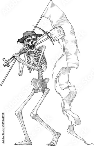 Black and white vector illustration of skeleton digger medieval style