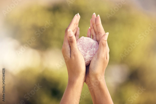 Canvas Print Woman, hands and rose quartz in nature for meditation or occult practice
