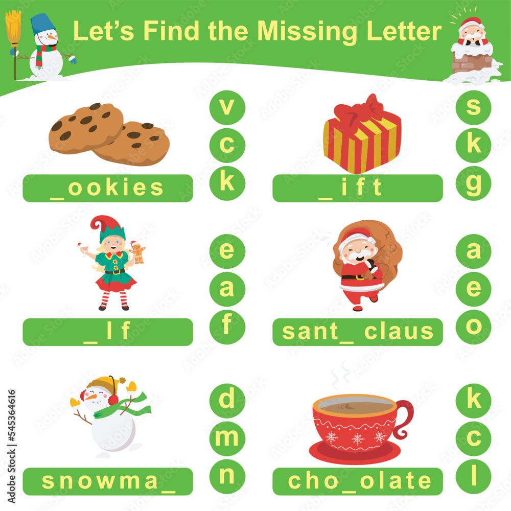 Let’s find the missing letter. Preschool worksheet with Christmas theme. Educational spelling printable game worksheet. Vector illustration. 