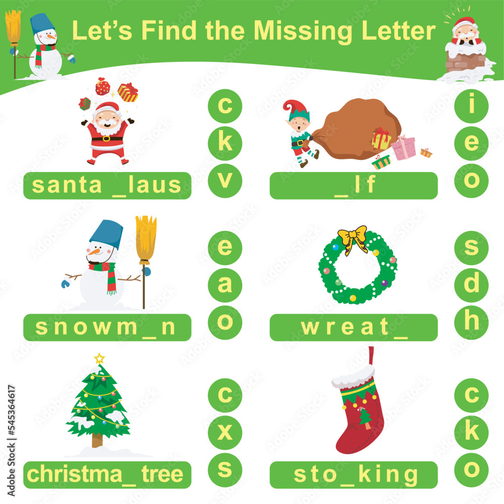 Let’s find the missing letter. Preschool worksheet with Christmas theme. Educational spelling printable game worksheet. Vector illustration. 