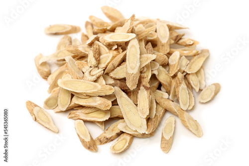 Chinese Herbal medicine - Astragalus slices, Huang Qi (Astragalus propinquus) on white background 