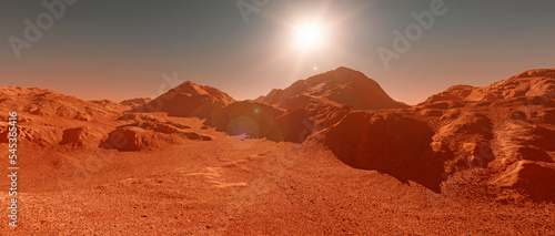 Mars planet background, 3d render of imaginary mars planet terrain, orange eroded desert with mountains and glaring rising sun, realistic science fiction mars landscape illustration.