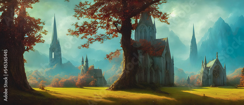 Artistic concept illustration of a beautiful church on the hill, background illustration. © 4K_Heaven