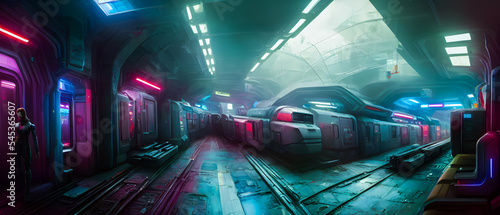 Artistic concept illustration of a futuristic metro station, background illustration.