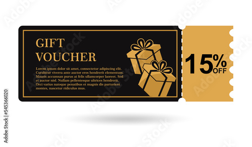 Golden gift voucher 15% off. discount gift voucher 15% sale for website, internet ads, social media. Discount gift voucher, beautiful design. vector illustration 