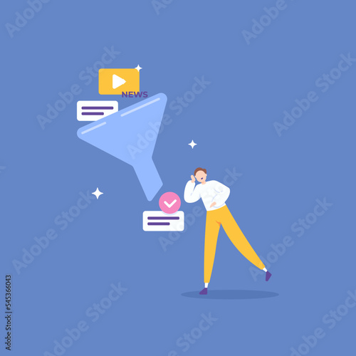 filter information. Filtering All Information On Social Media. a man uses a filter to avoid fake news or hoaxes. data validation. concept illustration design
