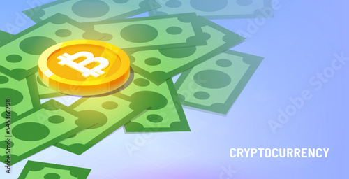 The isometric concept of cryptocurrency. A gold coin with a bitcoin mark between green fiat dollar banknotes.