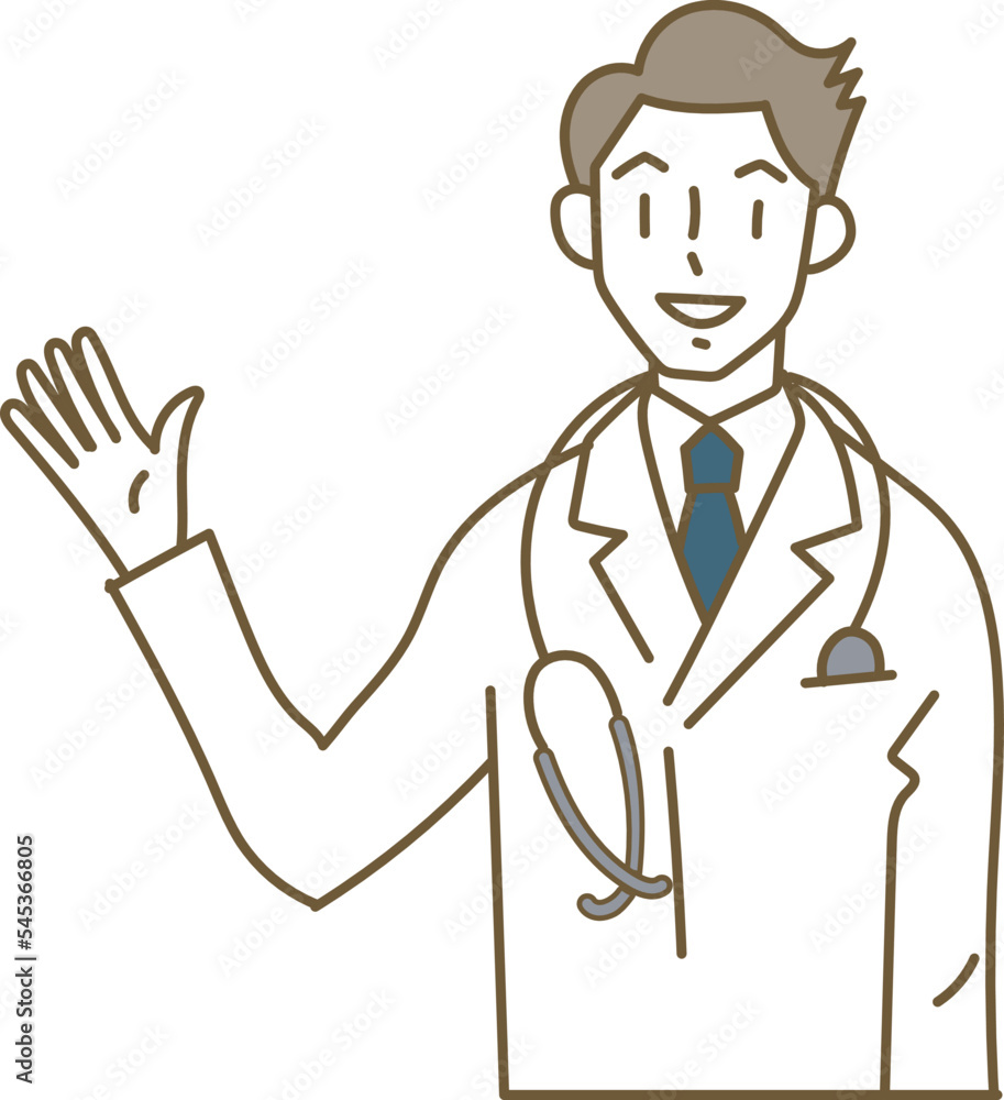 Obraz premium 片手を上げて説明する白衣ネクタイの若い医師