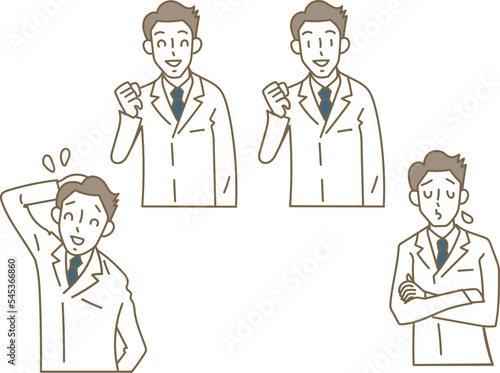 白衣ネクタイの若い男性医師の表情パターンのイラスト素材セット
