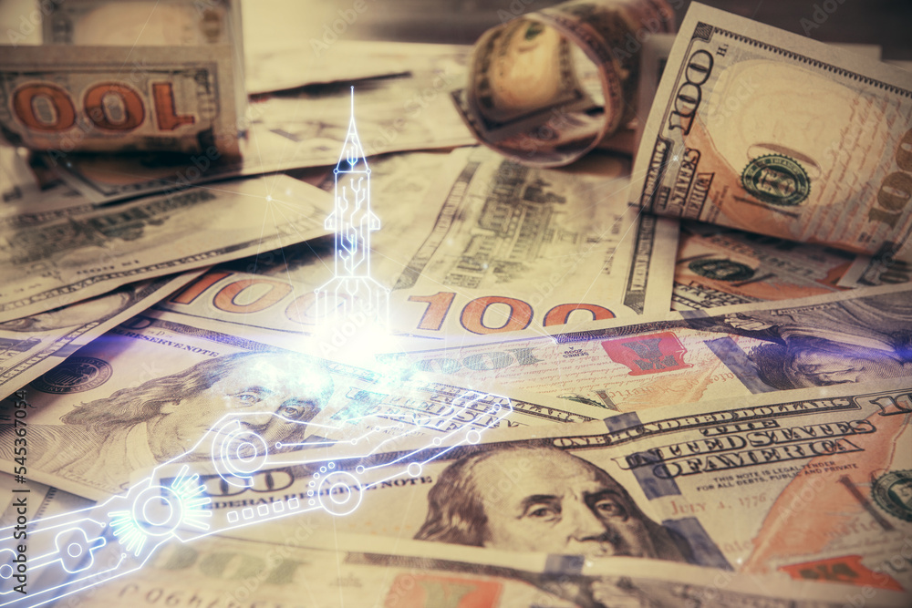 Double exposure of startup drawing over usa dollars bill background. Young business concept. Double exposure of startup drawing over usa dollars bill background. Young business concept.