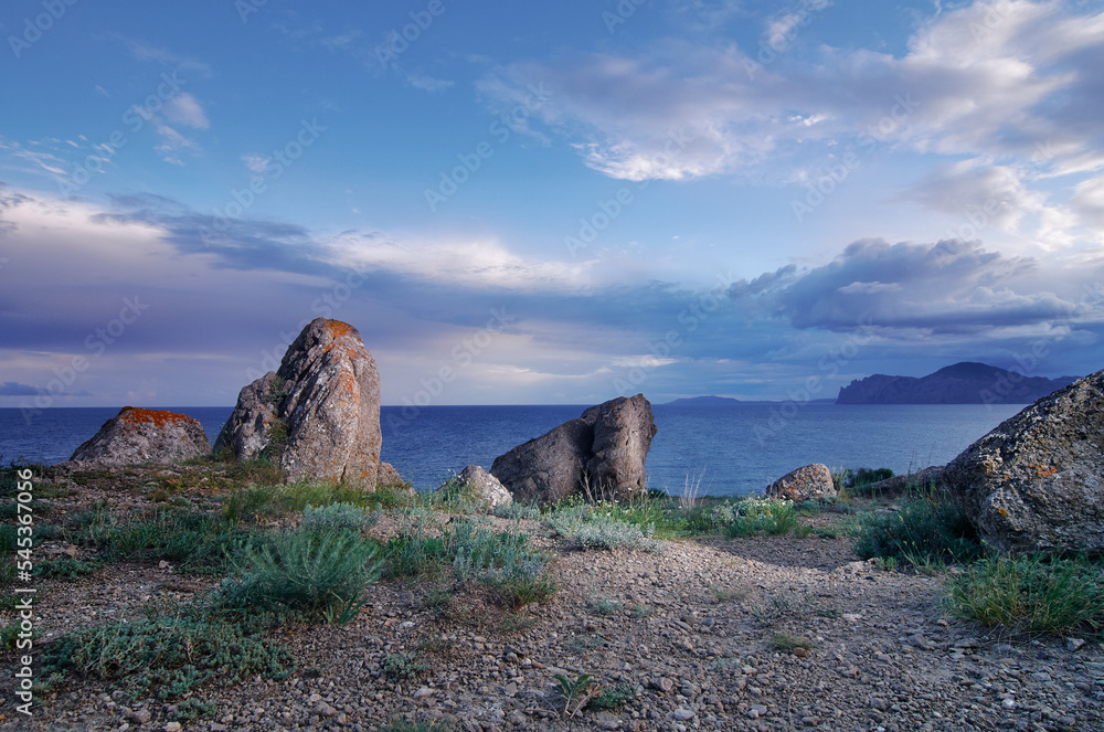 Crimean bay, Ukraine. Landscape with sea rock shore.