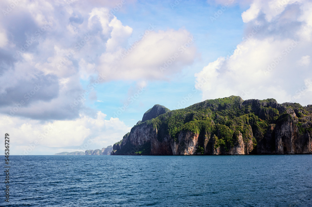 Beautiful landscape with rocks, cliffs, tropical beach. Phi Phi, Thailand.