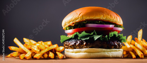 Hamburger and fried potatoes on a wooden table