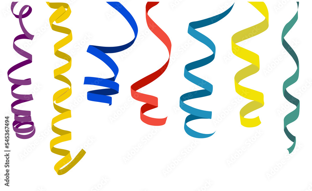 Party streamers, serpentine, curly paper ribbons. Multicolored Christmas or  Birthday party decorations hanging. Design for greeting card, invitation.  Transparent background, overlay. PNG. Stock Photo