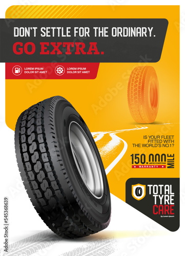 Replacing car tires from summer to winter. Tire backgrounds for landscape poster, digital banner, flyer, booklet, brochure, web design. Close-up of a truck wheel. Оrange background. Mountain road.