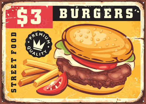 Burger with french fries and tomato slice, promo menu sign for street food stand. Vintage hamburger poster or advertisement. Vector image.