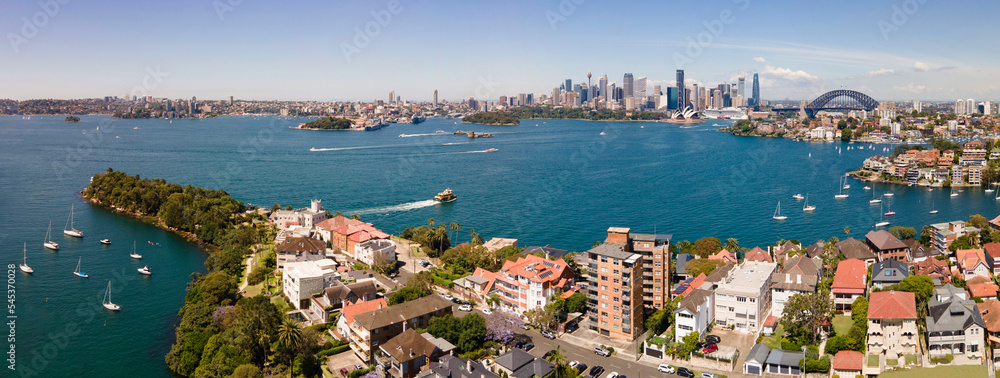 Panoramic aerial drone view of Sydney Harbour looking from Cremorne Point on the Lower North Shore of Sydney, NSW, Australia, with Sydney City in the background on a sunny day      