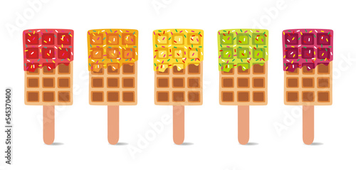 Sweet food and dessert food, vector set illustration of golden brown homemade corn dog or hot dog waffle on a stick in various flavors decorations and different chocolate flavors. Collection or group.