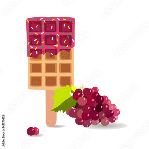 Sweet food and dessert food, vector illustration of golden brown homemade corn dog or hot dog waffle on a stick in various flavors decorations and violet or burgundy chocolate with grape brunch.  photo