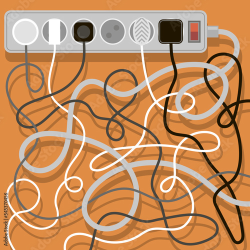 Electrical wires and chargers on orange background. A mess of cables from several extension cords. Cable management.