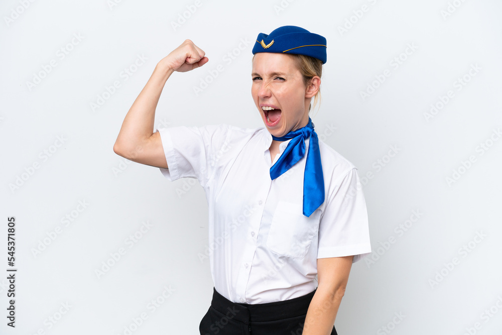 Airplane blonde stewardess woman isolated on white background doing strong gesture Airplane blonde stewardess woman isolated on white background doing strong gesture