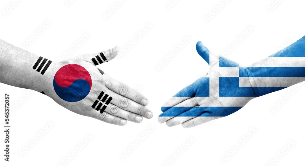 Handshake between South Korea and Greece flags painted on hands, isolated transparent image. Handshake between South Korea and Greece flags painted on hands, isolated transparent image.