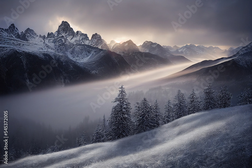 Beautiful winter landscape with mountains 