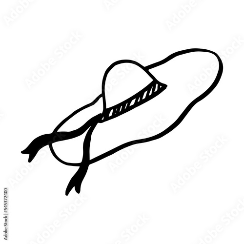 Doodle black straw hat doodle icon isolated on white. Vector illustration of summer hat for logo or print, sticker design.