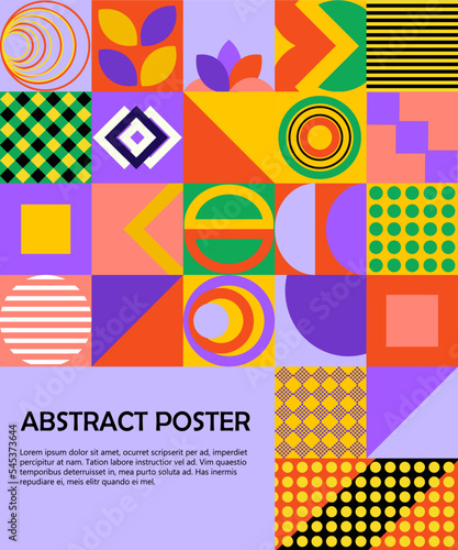 Poster, invitation, card in neo-geo style, with place for text. Simple geometric shapes, warm tones, fashionable modern style